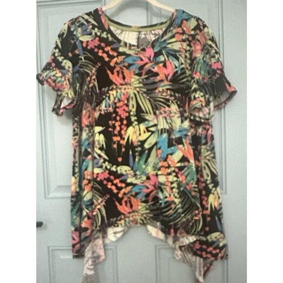 Westbound Womens Black Short Sleeve Blouse Top Tunic Multicolor Tropical Y2K‎ XS - Picture 1 of 10